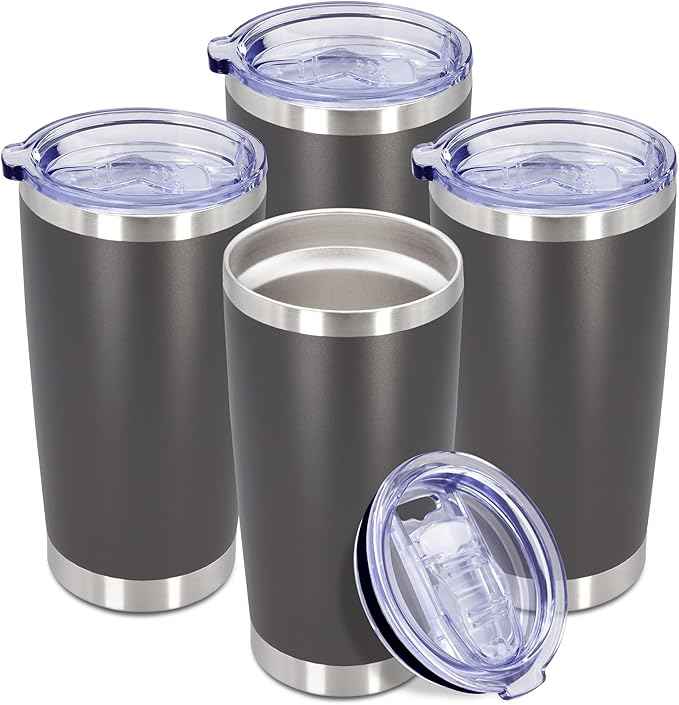 20 oz Tumbler Coffee Travel Tumblers Bulk with Lid Stainless Steel Double Wall Vacuum Insulated Mug Powder Coated Cups fit Car Cupholder for Hot and Cold - Grey, 4Pack