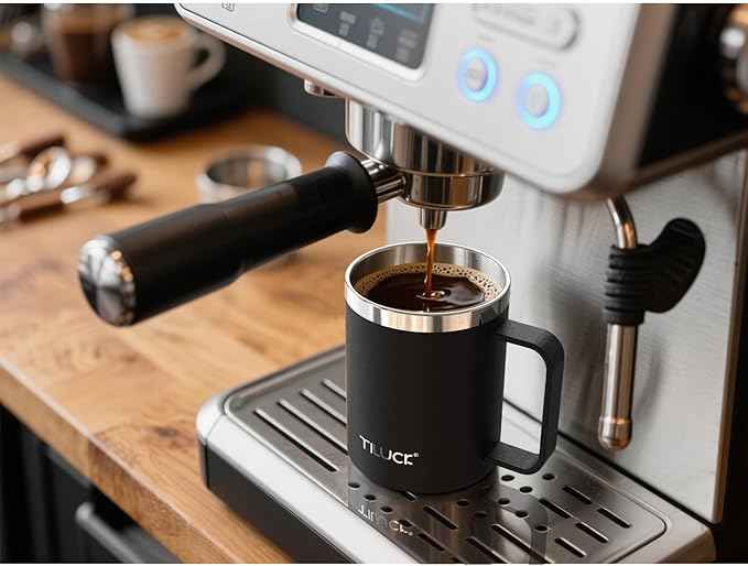 TILUCK 12 oz Insulated Coffee Mug with Lid, Double Wall Vacuum Insulated Travel Mug Cup with Handle for Hot or Cold Drinks（12oz，Matte Black）