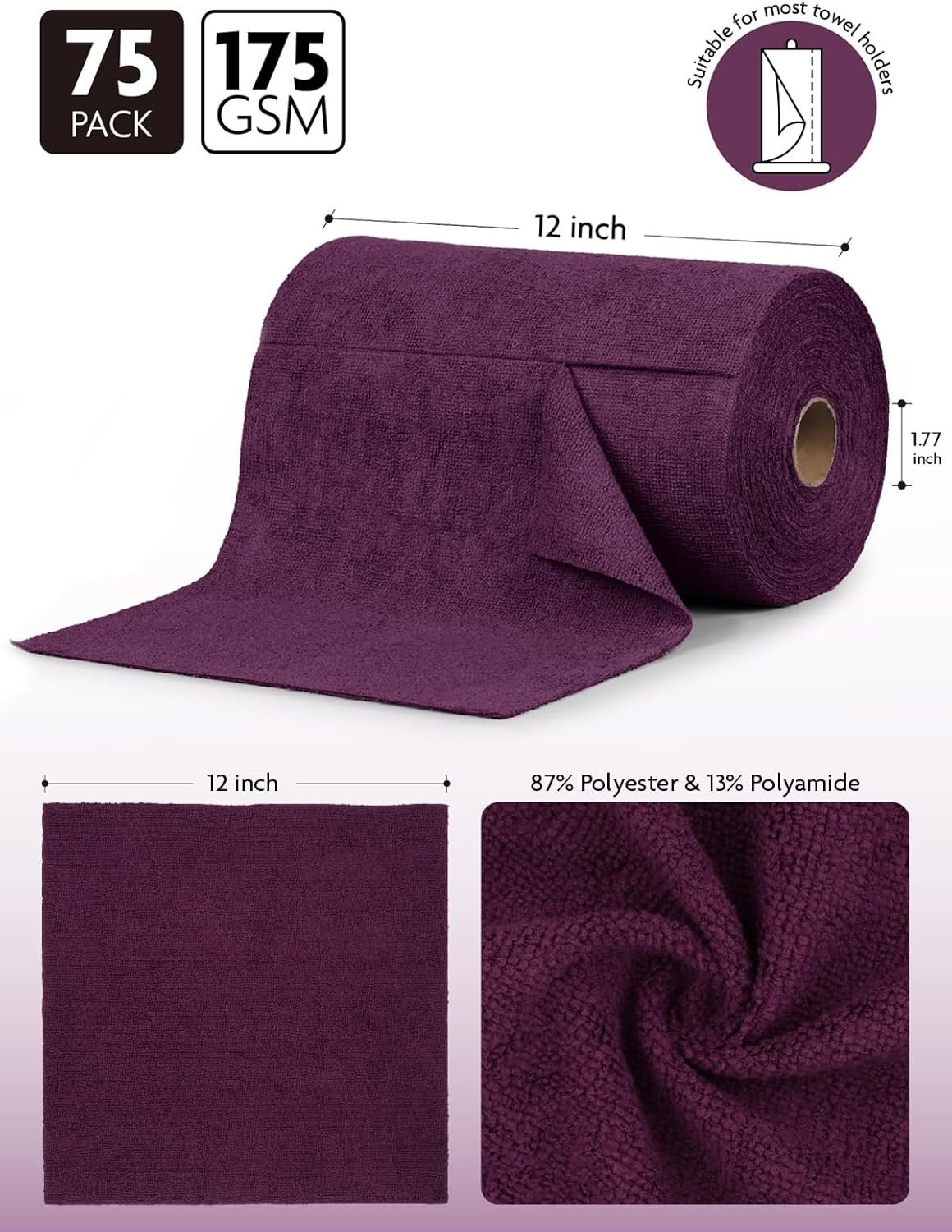Fantasticlean Microfiber Cleaning Cloth Roll -75 Pack, Tear Away Microfiber Towels, 12" x 12", Reusable, Washable, Scratch Free, Ultra Absorbent Dish Rags for Car, Home, Garage or Shop (Dark Purple)