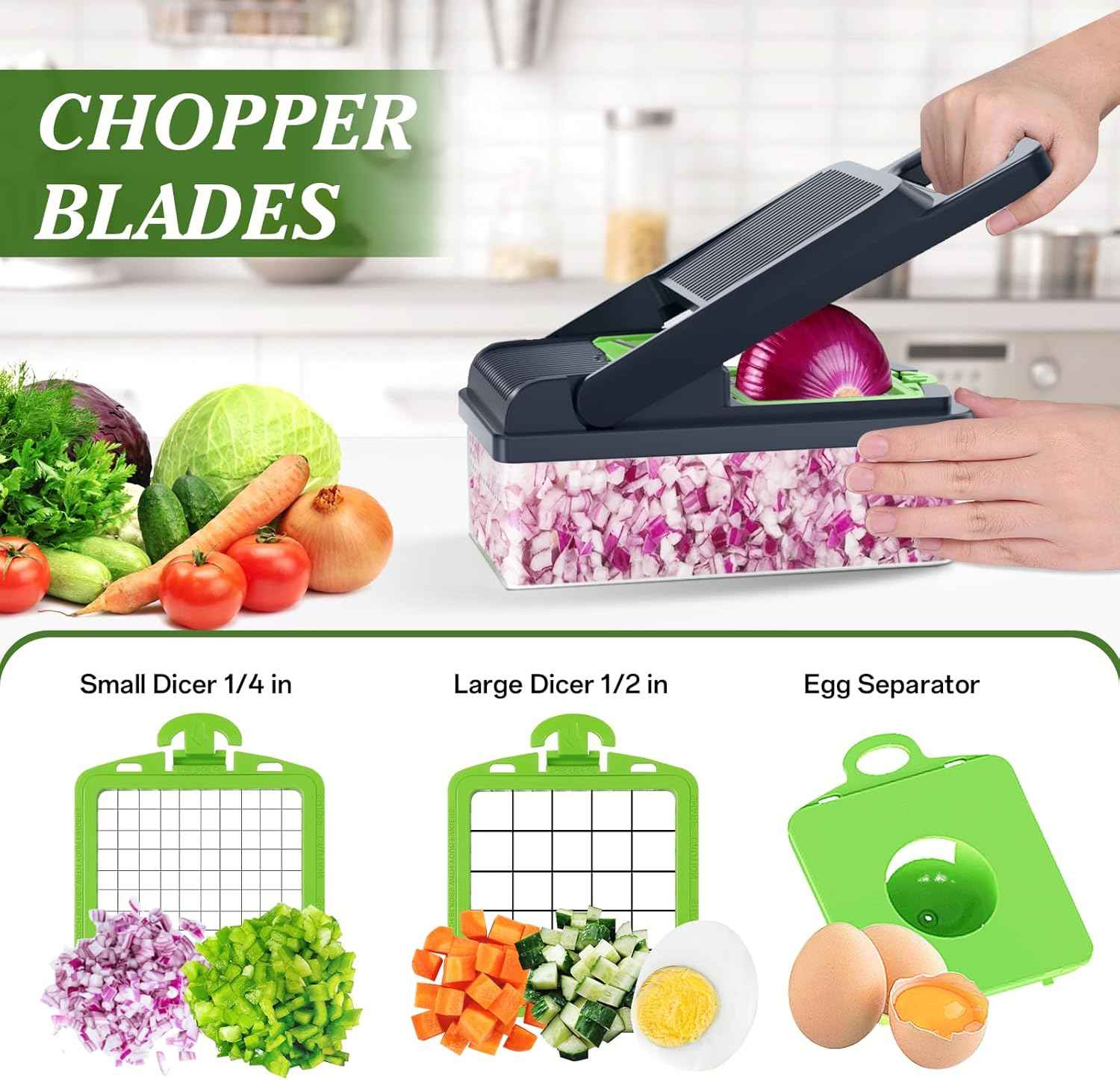HomeHacks Vegetable Chopper Vegetable Cutter, 12 in 1 Kitchen Gadget, Dicer, Slicer, Onion Cutter, Salad, Cheese Grater & Egg Separator - Multi-Functional Veggie Chopper Lid with Handle (Green)