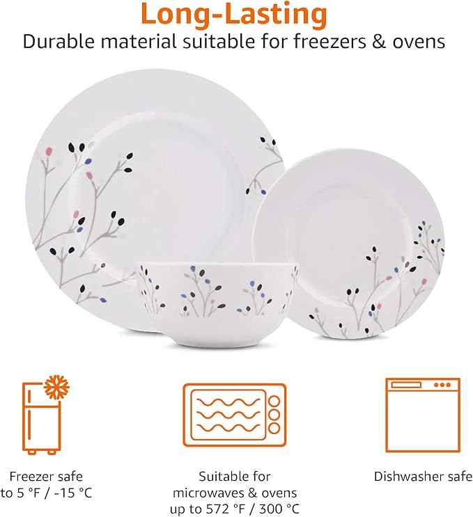 Amazon Basics 18-Piece Complete Kitchen Dinnerware Set, Microwave and Dishwasher Safe, Plates, Dishes, Bowls, Service for 6, Branches