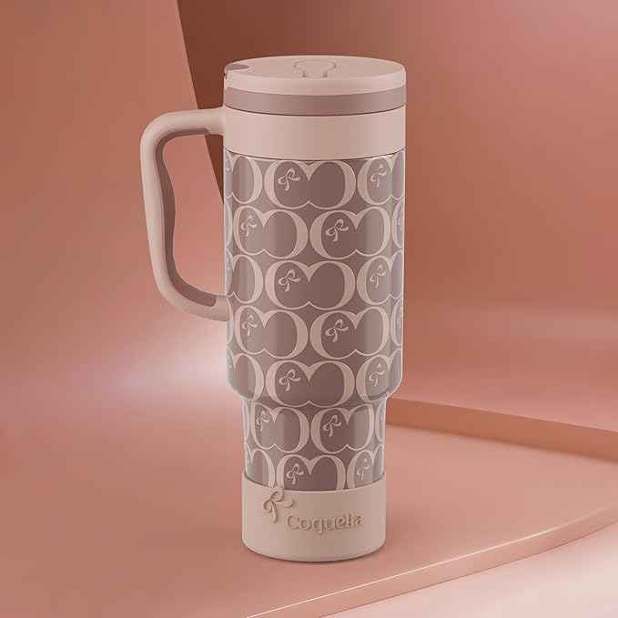 40 oz Insulated Tumbler with Handle and Push-Button Straw Lid, Stainless Steel Travel Cup for Gym Office, Leakproof, BPA-Free, Cup Holder Friendly, Bow Silicone Boot, Brown (C’ Espresso)