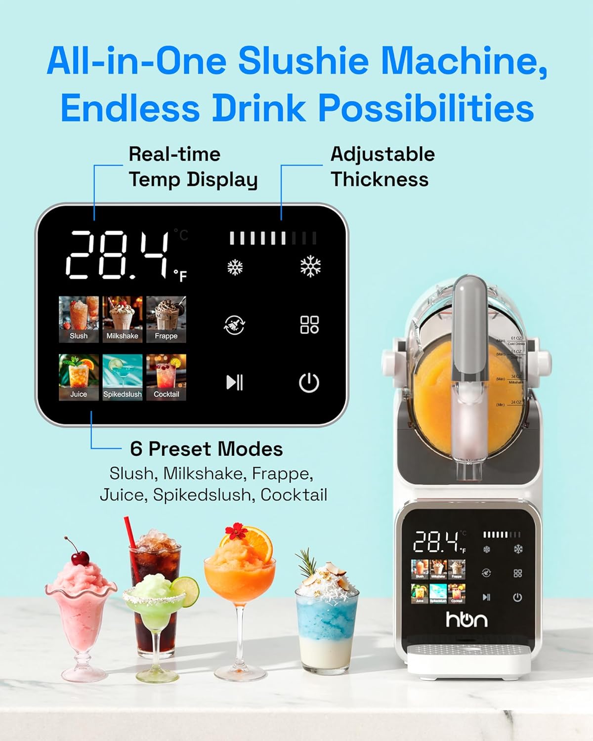 HBN Slushie Machine for Home No Ice Needed, Slushy Machine Frozen Drink Maker 88oz, Self-Cleaning, 6 Presets for Margaritas, Cocktails, Milkshakes and More, Perfect for Family Gathering, Summer Party