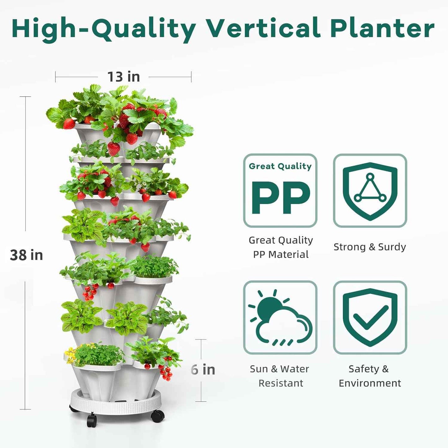 7 Tiered Strawberry Vertical Planters, 2 Pack Stacking Tower Garden with Support Pole, Stackable Herb Vegetable Planters Indoor Outdoor White