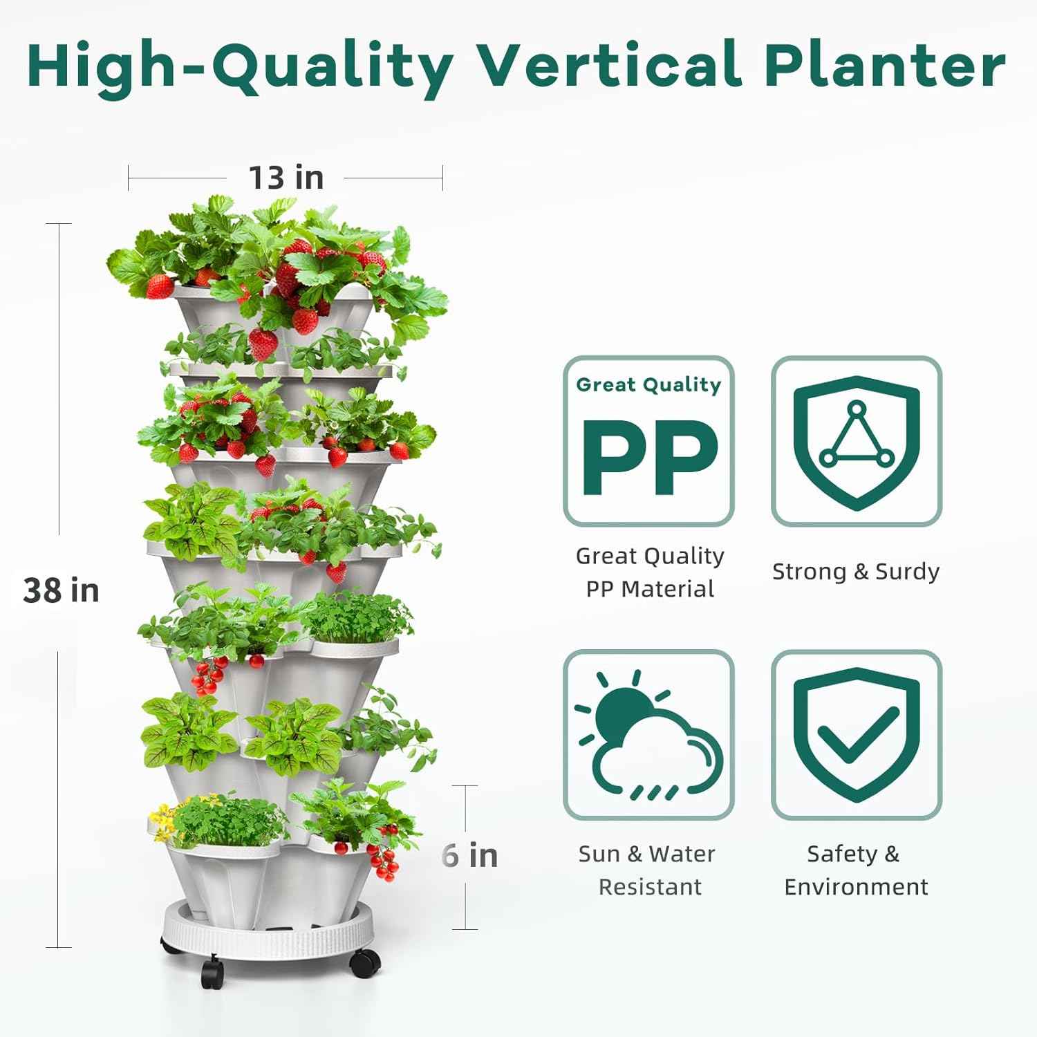 7 Tiered Strawberry Vertical Planters, 2 Pack Stacking Tower Garden with Support Pole, Stackable Herb Vegetable Planters Indoor Outdoor White