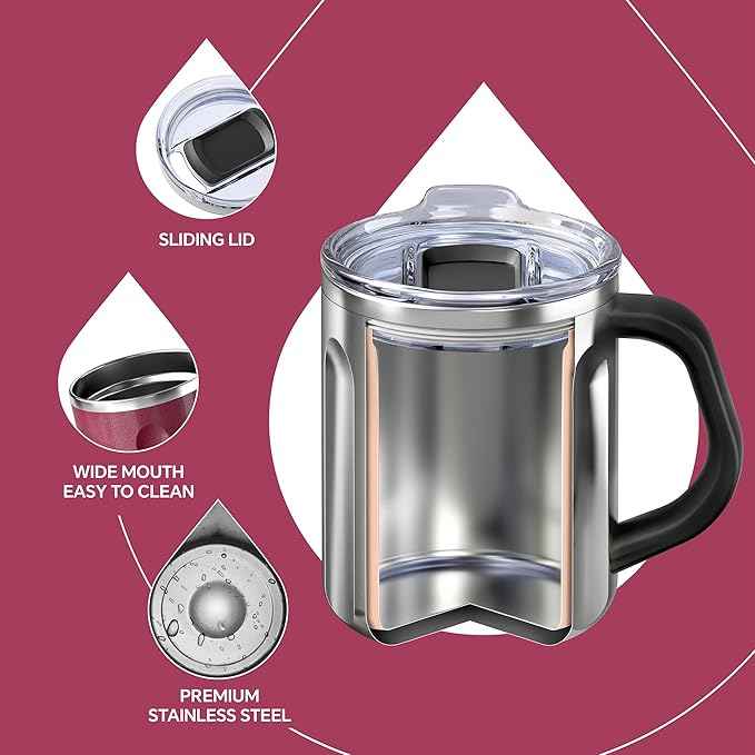 Ideus 16 oz Coffee Cup, Stainless Steel Coffee Travel Mug, Spill Proof Tea Mug with Handle and Lid, Lightweight and Durable, Great for Office Home and Outdoor Use, Burgundy-FUJI FLOW
