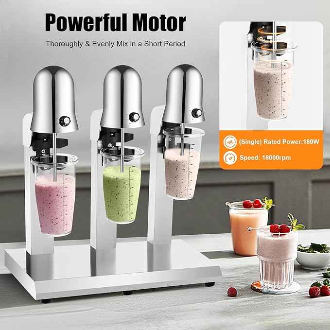 Milk Shake Maker, 110V 180W Commercial Stainless Steel Shake Machine 18000RMP Powerful Electric Tea Drink Mix Milkshake Mixer w/3 Mixer Head for Cafes Ice Cream Parlors & Home