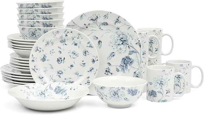 Martha Stewart Empress Bouquet 30 Piece Decorated Porcelain Chip and Scratch Resistant Dinnerware Plates and Bowls Set - Blue Floral