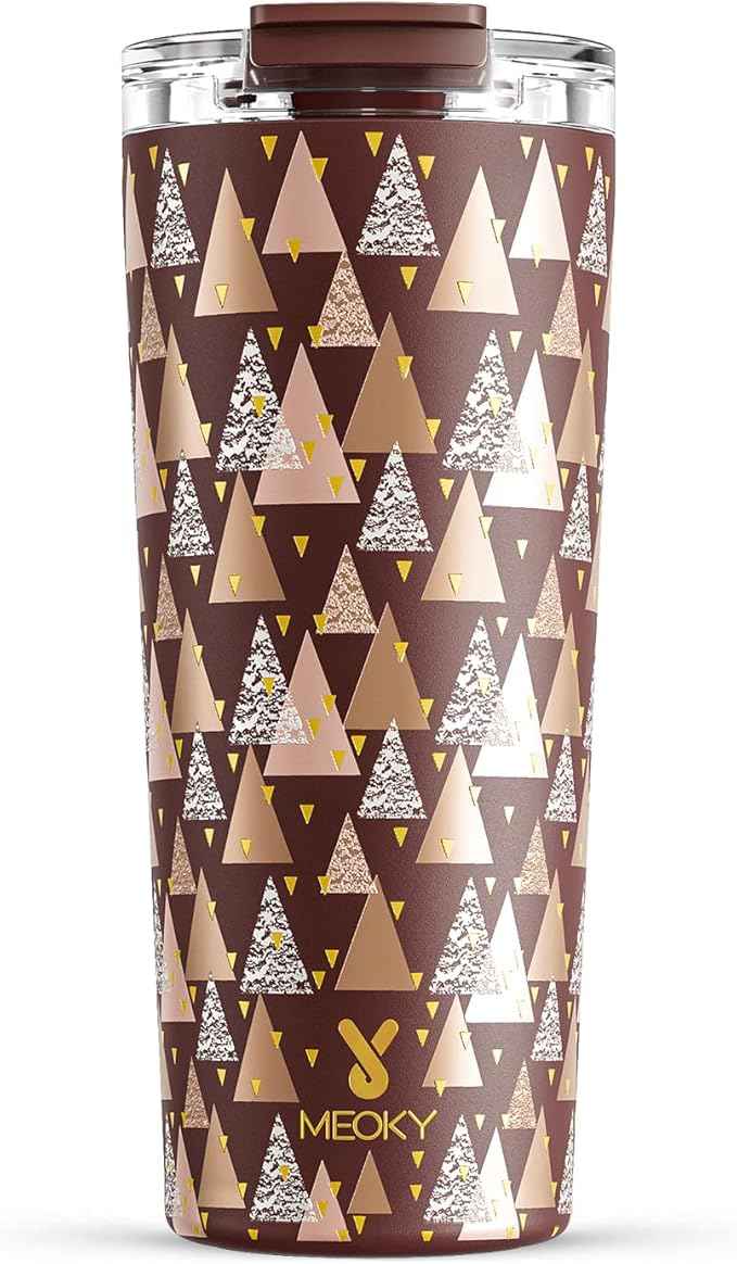 Meoky 24 oz Travel Coffee Mug with Leak-proof Lid, Stainless Steel Insulated Coffee Tumbler, Keeps Hot for 8 Hours or Cold for 24 Hours, Fits in Car Cup Holder (Cocoa Geometry)