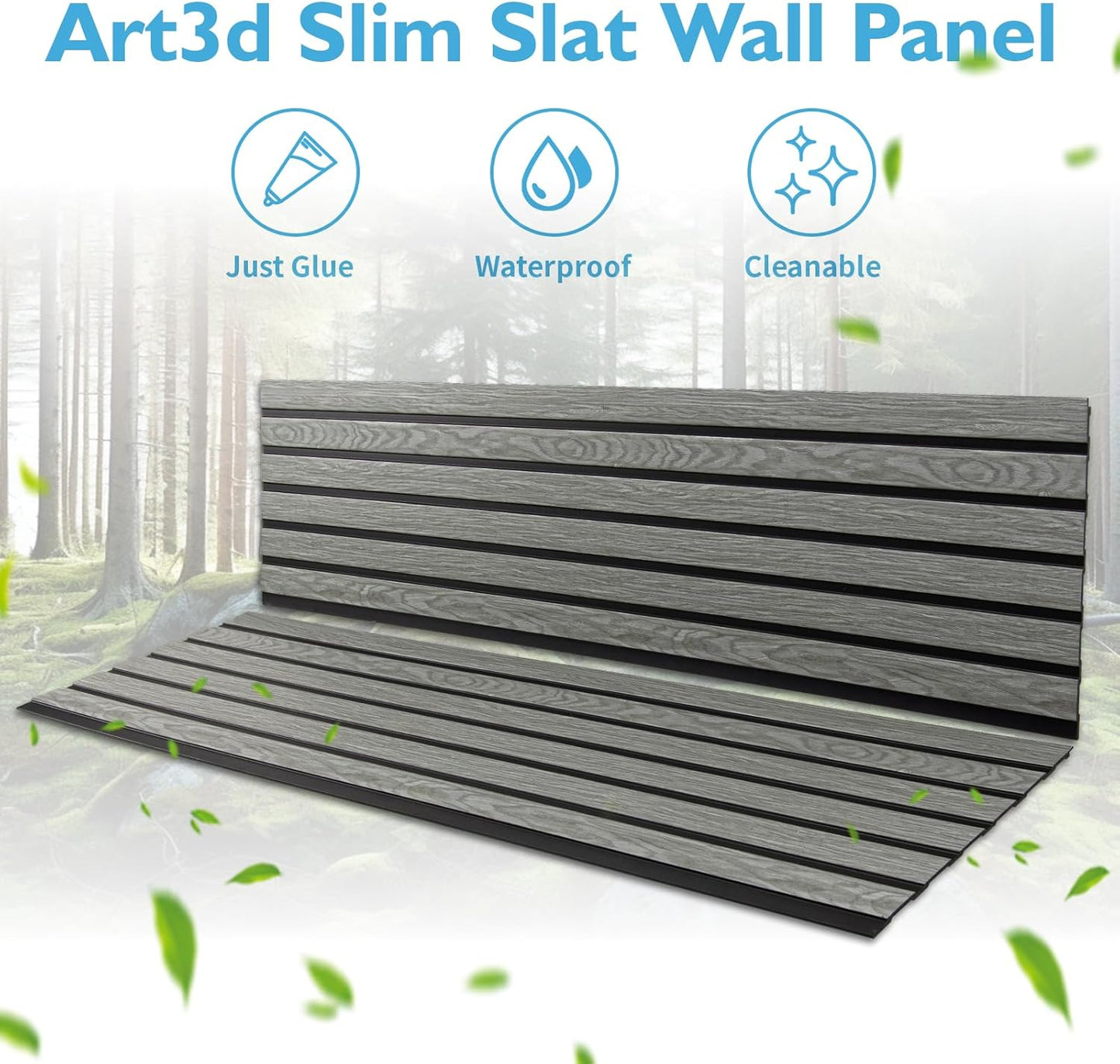 Art3d 4-Pack Glue-On Six-Grid Wainscoting Panel for Interior Wall Decor - 104 x 12 Inch Polystyrene Ultralight Slim Slat Wall Panels for Living Room Bedroom, Ash