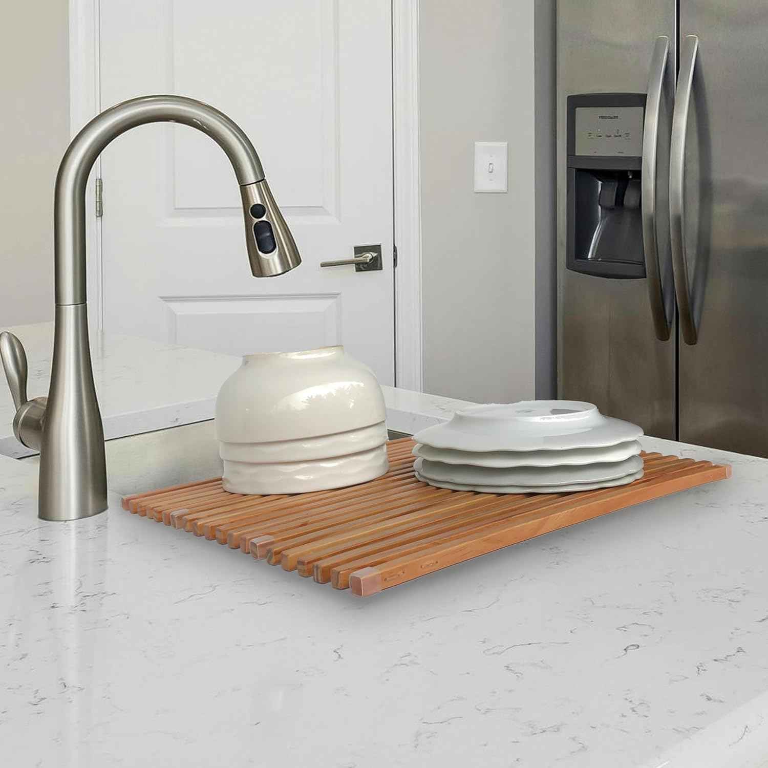 Roll Up Wooden Drying Rack Over The Sink Kitchen, Cover Sink Dry Dishes Bowl Spoon Quickly, Aesthetics and Finishes Coating, Neat Design Stain-Resistant Easy to Dry (Natural Wood color)
