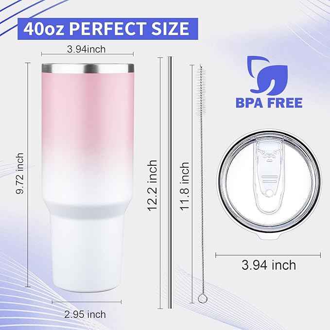 40 oz Tumbler with Lids and Straws Double Wall Vacuum Insulated Tumbler Cup,Stainless Steel Leak-proof Thermal Tumbler Powder Coated Travel Coffee Mug for Cold and Hot Drinks,Pink White