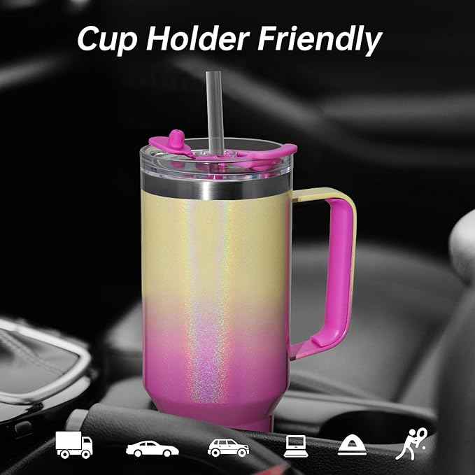 COKTIK 40 oz Tumbler With Handle and Straw, Insulated Tumbler With Leakproof Lids, Stainless Steel|BPA-Free, Cold for 24 H (Glitter Rainbow)