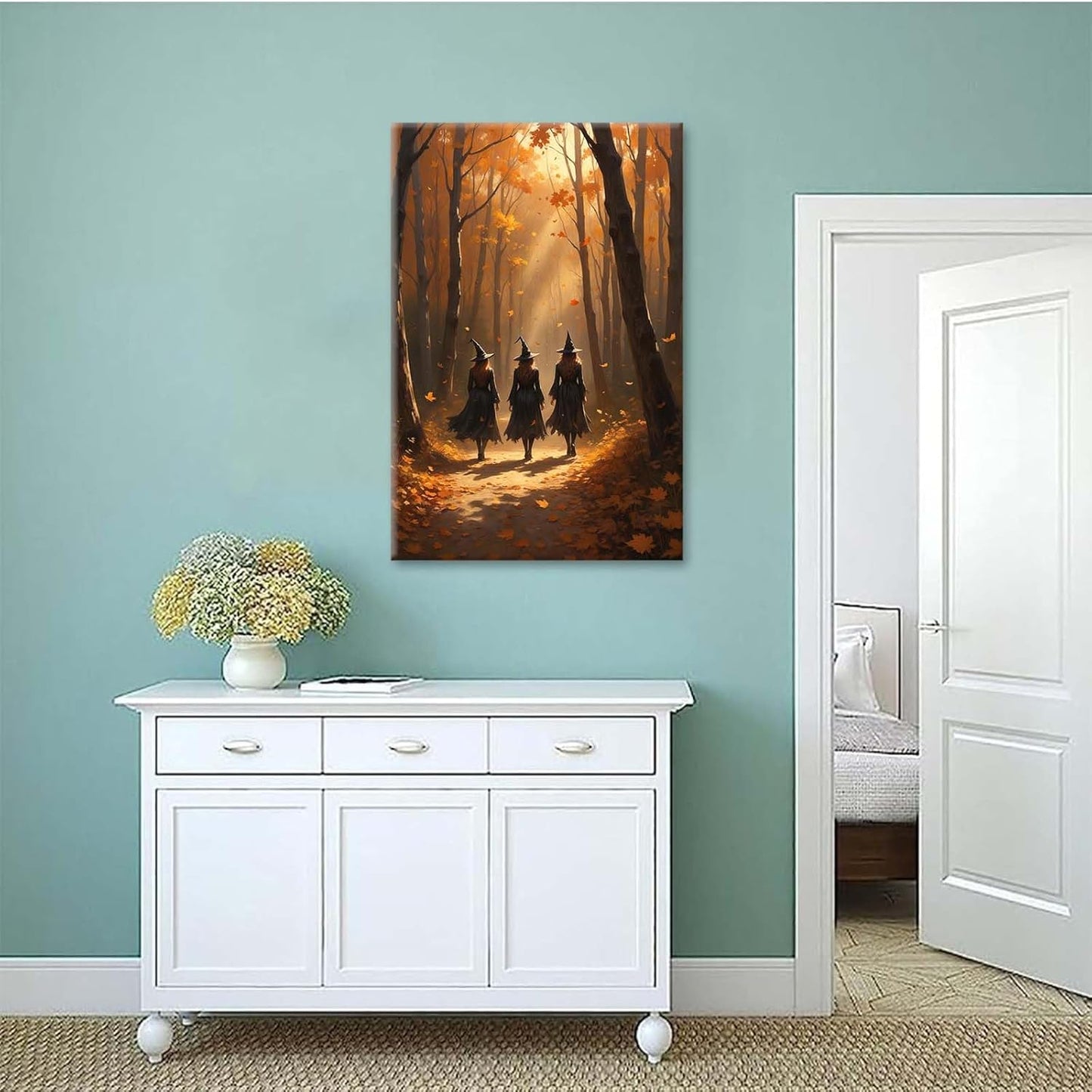 Three witches walking in the forest in autumn canvas painting gothic poster halloween print country witch wall art for home decoration16x24in Wood Framed
