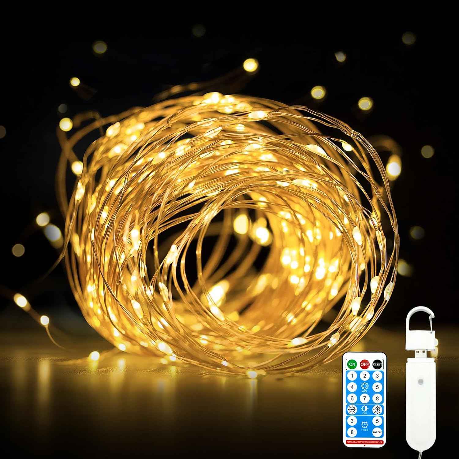 Rechargeable Fairy Lights Battery Operated, 33ft 100 LEDs String Lights with Remote, Waterproof, Mini Twinkle Lights for Bedroom, Christmas, Wedding, Indooor Outdoor Decor, Warm White