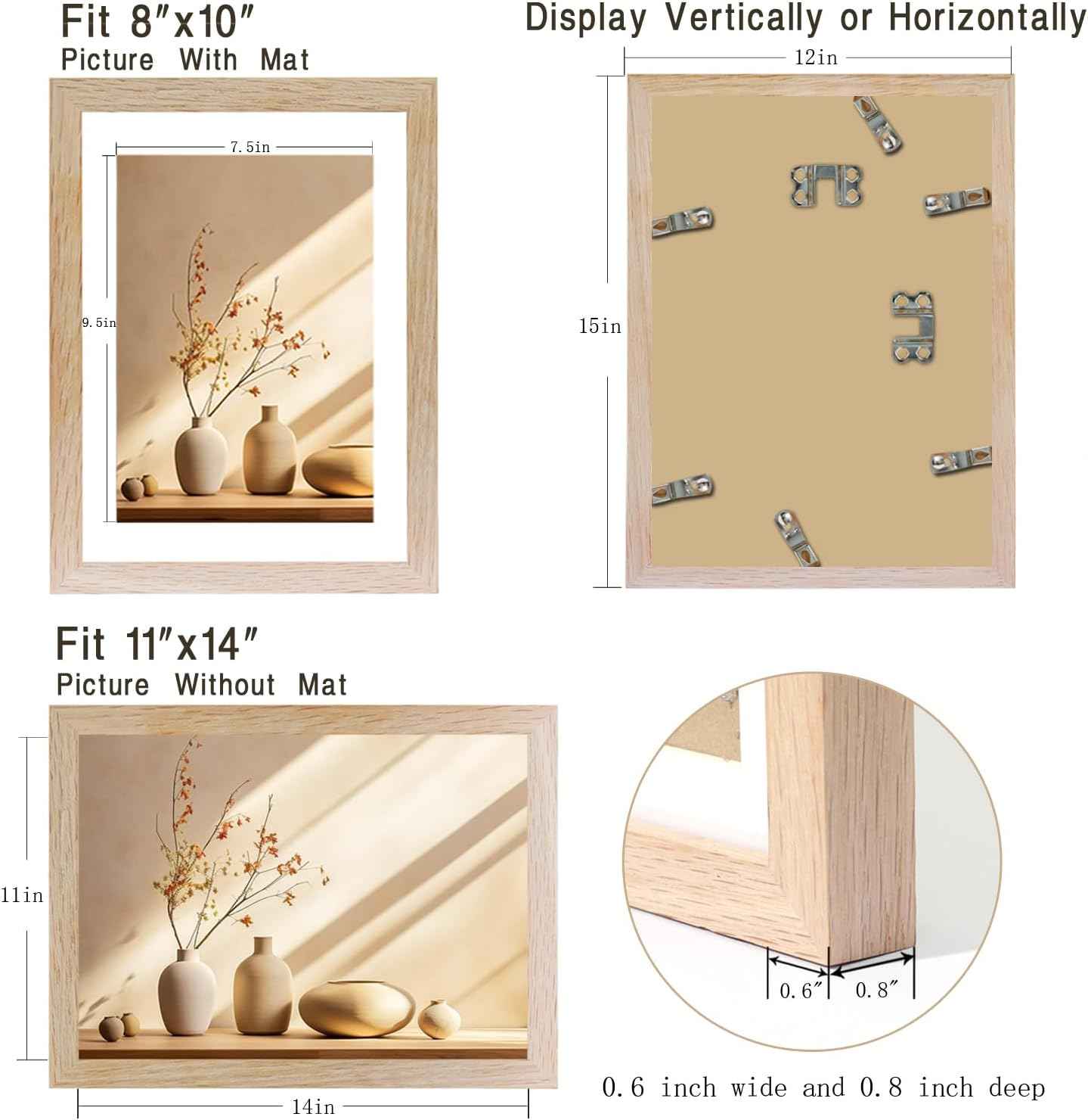 11x14 Solid Oak Frame, Picture Frame for 11×14 or with Mat for 8x10 photos,Minimalist 11x14 Poster Frame for Wall Mount Display.