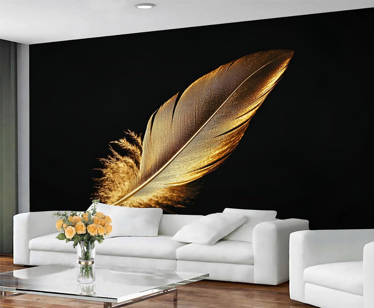 Feather Wallpaper, Golden Feather Mural, Modern Stylish Wall Art Mural Wallpaper for Living Room Bedroom Decor Murals - 157.5" W x 110.3" H (Not Peel Stick)