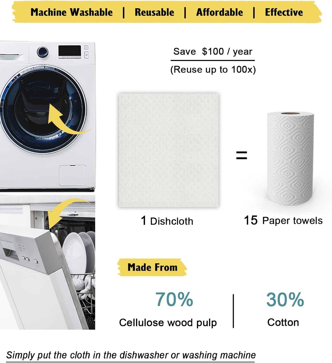 Swedish Dishcloths for Kitchen | 10 Pack Absorbent Cellulose Sponge Cloths Washable | Non-Scratch Reusable Paper Towels Quick Drying Cleaning Rag - White