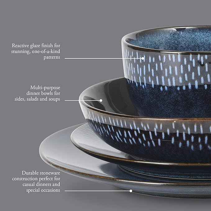 Gibson Elite Matisse 16-Piece Dinnerware Set – Double Bowl Reactive Glaze Cereamic Stoneware in Blue – Plates and Bowls Sets for 4, Microwave & Dishwasher Safe, Rustic Modern Design