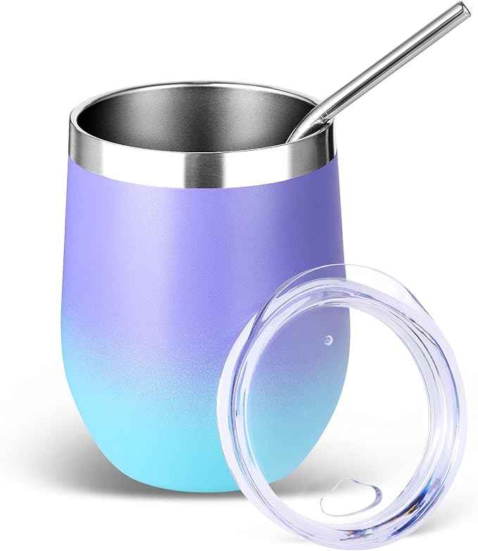 Volhoply 12oz Stainless Steel Wine Tumbler with Lid and Straw,Double Wall Vacuum Insulated Stemless Wine Glasses,Reusable Travel Coffee Mug for Cold Drinks,Tumblers Gifts for Women（Purple Bule,1 Set）