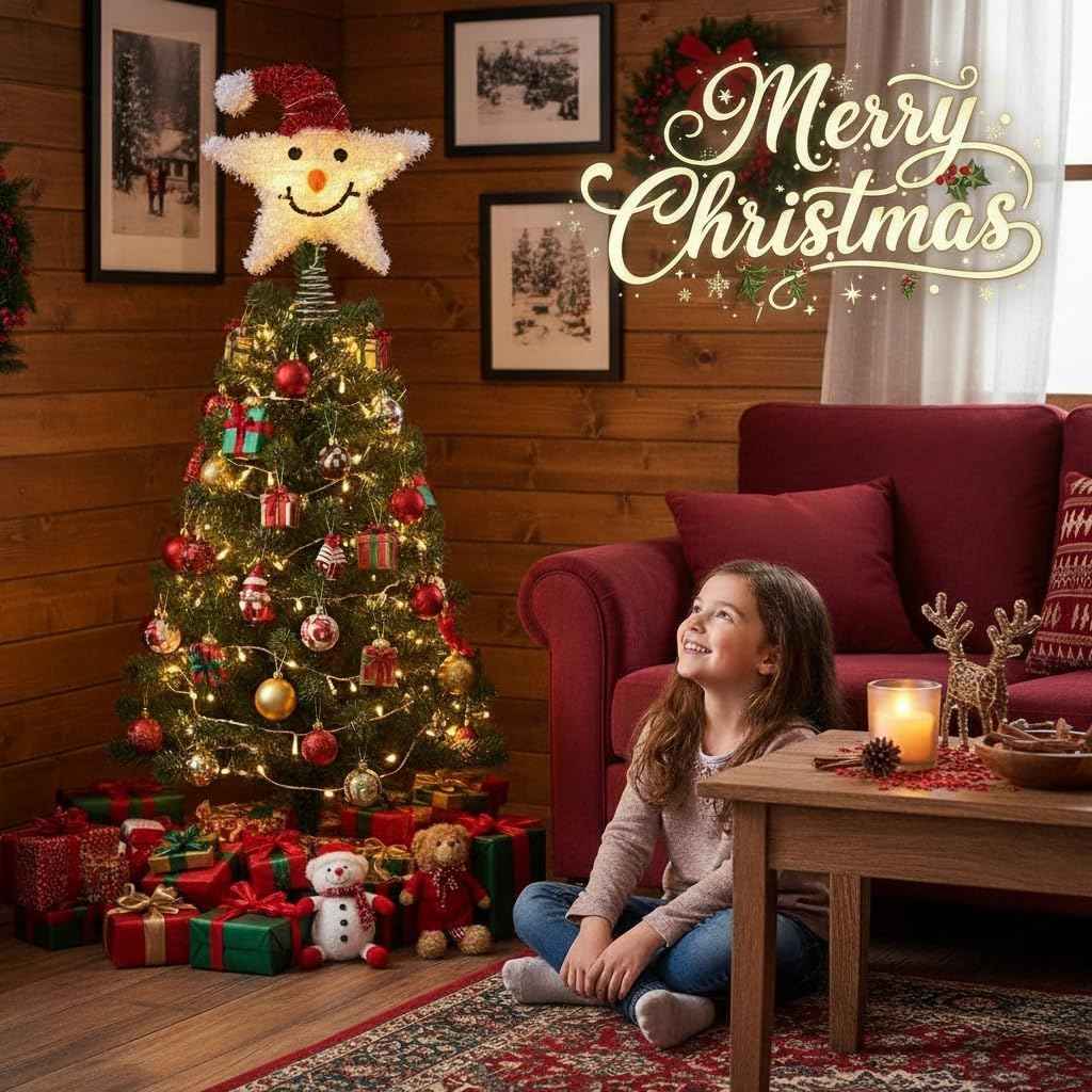Christmas Tree Topper Snowman Star: Lighted Sparkling Snowman Xmas Tree Top with Led Lights Decoration for Holiday Parties Seasonal Celebrations (Without Battery)