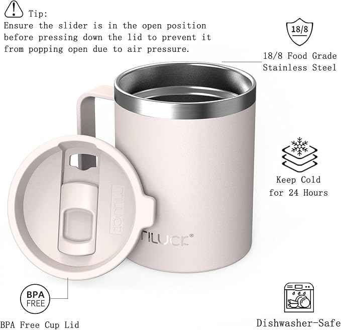 TILUCK 12 oz Insulated Coffee Mug with Lid, Double Wall Vacuum Insulated Travel Mug Cup with Handle for Hot or Cold Drinks（12oz，Matte SakuraPink）