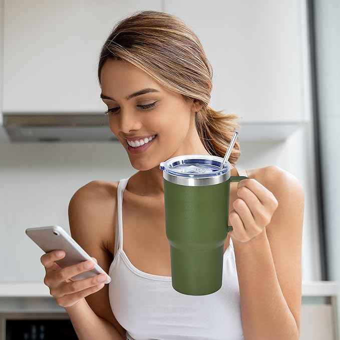 20 oz Tumbler with Handle, insulated cup coffee mug with lid, straw and handle, Double Wall Stainless Steel Vacuum Coffee Tumbler travel mug spill proof, 1pcs Army Green