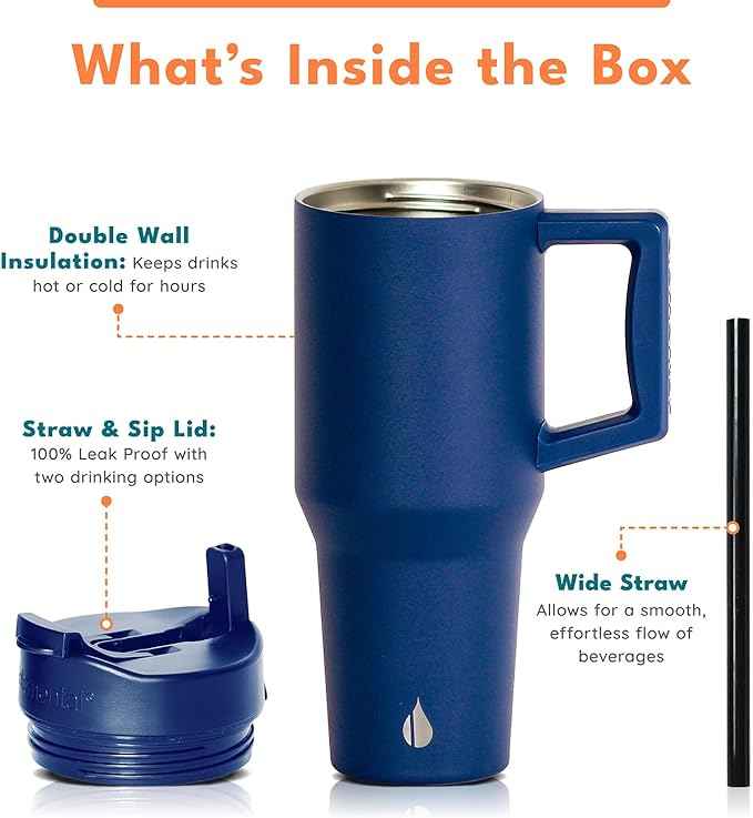 Elemental 32 oz 100% Leak Proof Tumbler with Handle & Straw - Stainless Steel Double Wall Insulated Tumbler for Hot and Cold Beverages - Travel Coffee Mug with Sip & Straw Lid - Navy