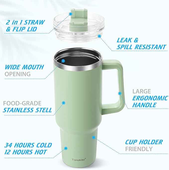 TaroKitc 40 oz Tumbler with Handle | Stainless Steel Insulated Travel Mug Iced Coffee Cup with Lids and Straw | Keeps Drinks Cold for 34 Hours | Dishwasher Safe, BPA Free | BLACK