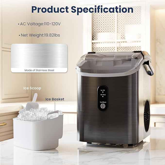 Antarctic Star Nugget Ice Makers Countertop with Auto-Cleaning, 35lbs/Day, Portable Sonic Ice Machine with Handle, Basket and Scoop for Home/Kitchen/Office/Camping(Stainless Steel Black)