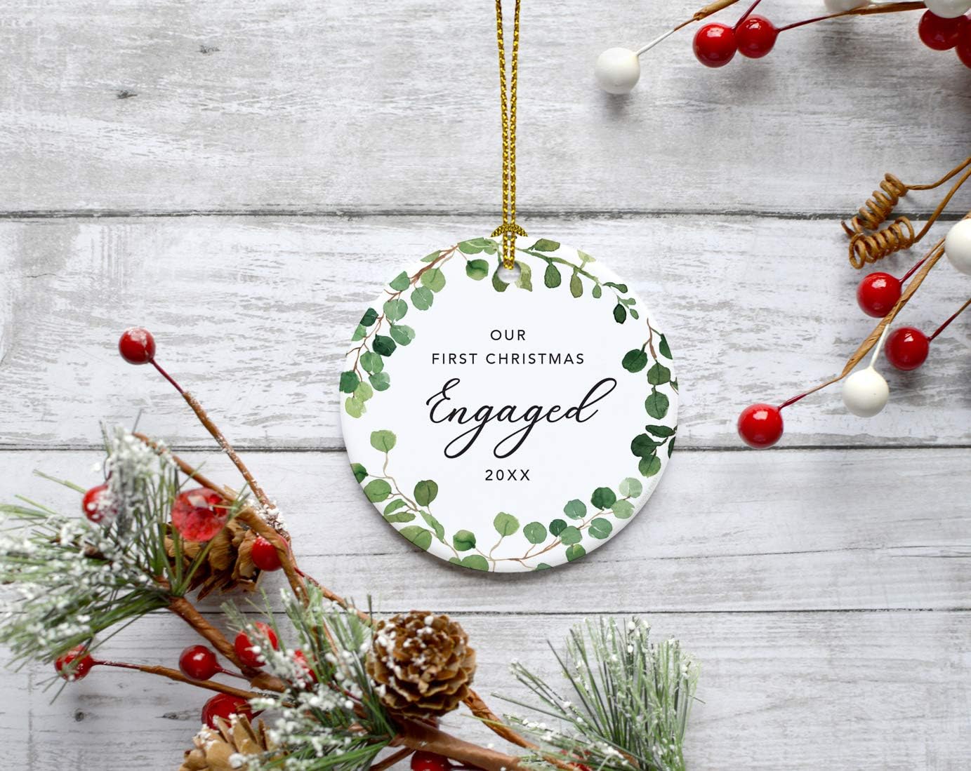Andaz Press Custom Year Round Ceramic Porcelain Christmas Tree Ornament Keepsake Collectible Gift, Our First Christmas Engaged 2025, Farmhouse Eucalyptus Wreath, 1-PackCouple