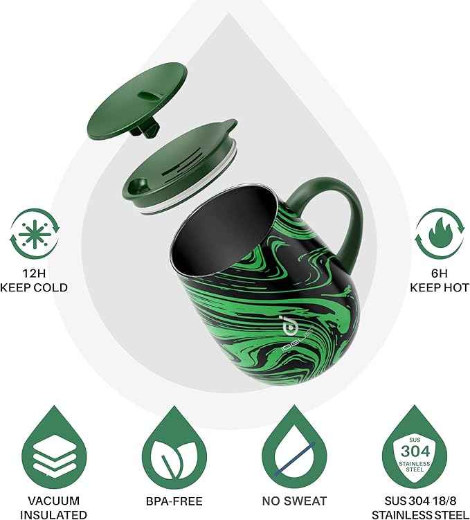 Ideus 16 oz (470 ml) Insulated Coffee Mug with Handle and Lid, Double Wall Stainless Steel Vacuum Thermal Coffee Mug, Travel Coffee Cup Thermal Cup for Home and Office (Green Zebra)