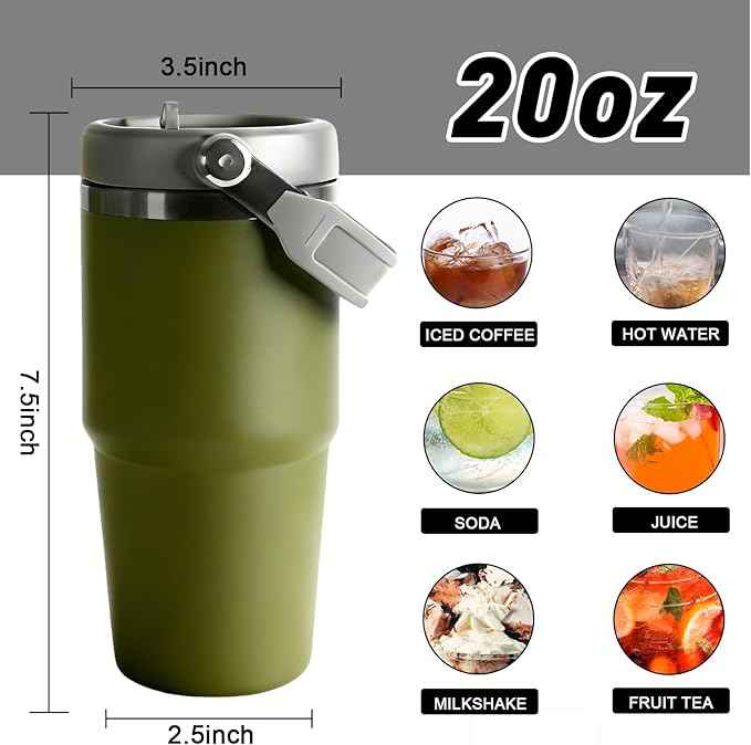 20 oz Tumbler with Handle, Insulated Tumbler with Lid and Flip Straw Leak Proof Double Wall Stainless Steel Vacuum Travel Coffee Mug Insulated Water Bottle Thermal Cup, Cupholder Friendly,Camp Green