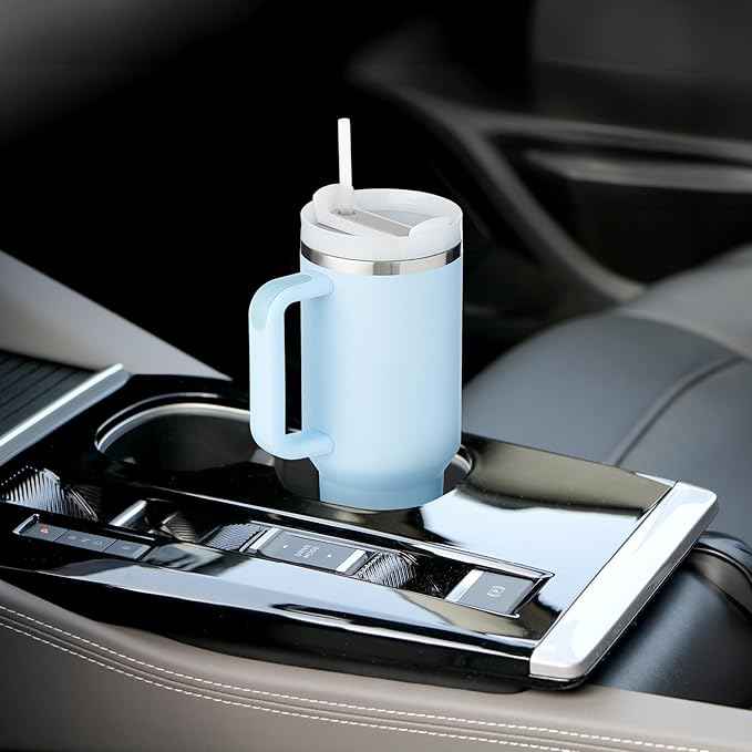 40oz Tumbler With Handle & Straw, Vacuum Insulated Stainless Steel Water Bottle With Leakproof Twist Sip Lid, Rubber Base, Dishwasher Safe, Cup Holder Friendly Travel Coffee Mug (Sky Blue)