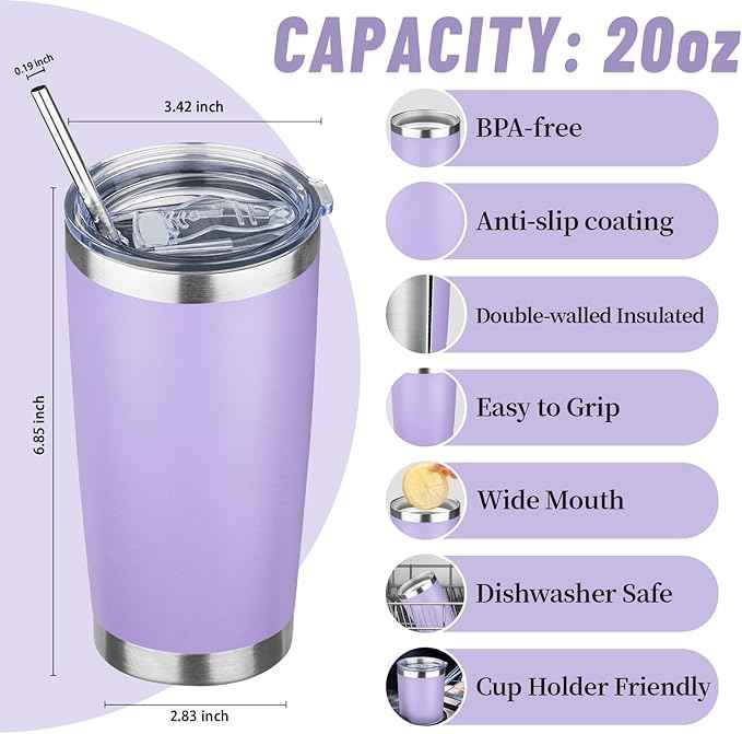 20 oz Tumbler with Lids and Straws, Stainless Steel Insulated Travel Coffee Mug, Double Wall Vacuum Insulated Tumblers, Powder Coated Coffee Tumbler for Cold & Hot Drinks (Mix Color-1)