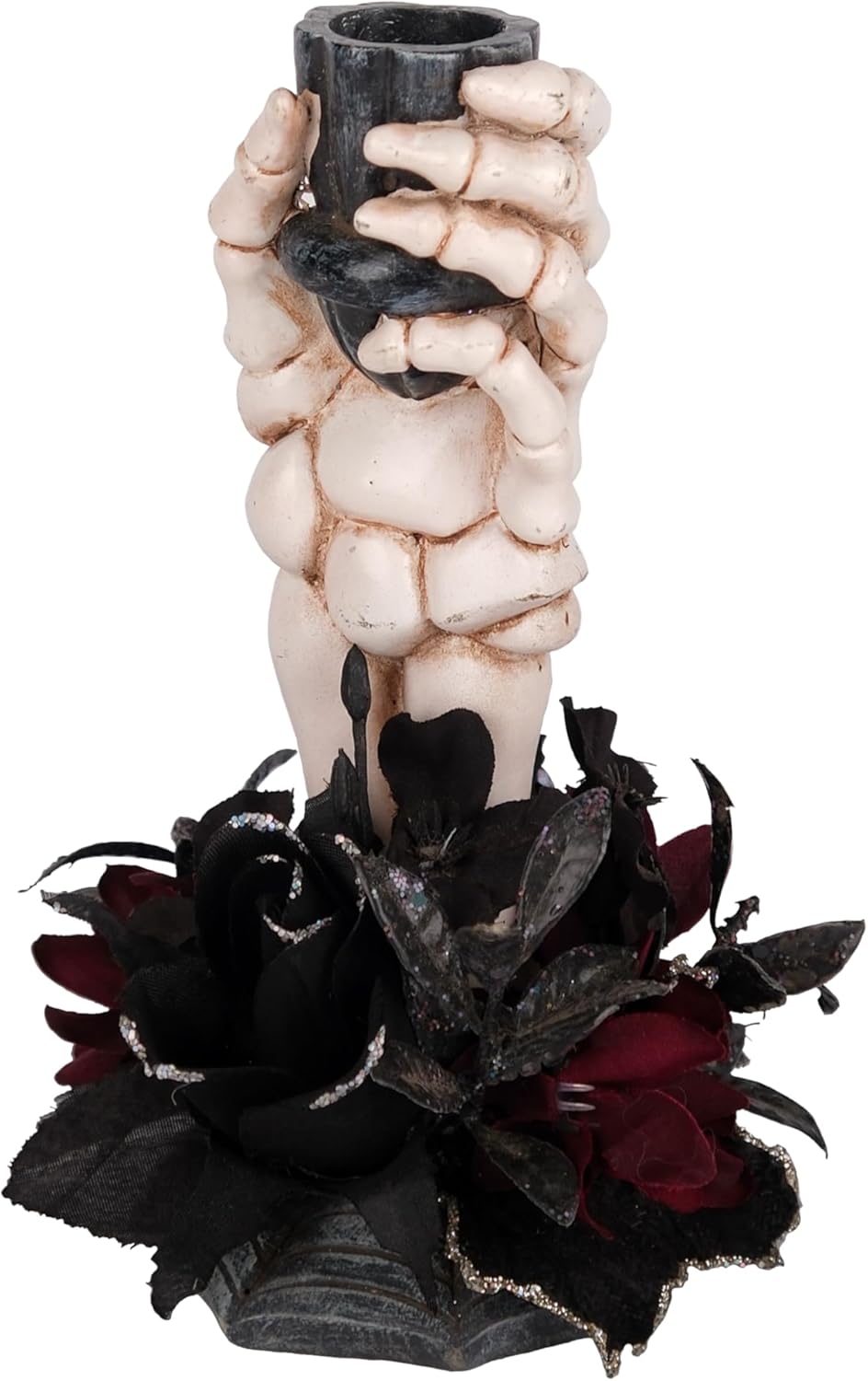 Skeleton Hand Halloween Candle Holder, Resin Candlestick Holder with Black&Burgundy Artificial Flowers Arrangement, Gothic Halloween Decor for Coffee Table/Dining Table Centerpiece, 6" Height