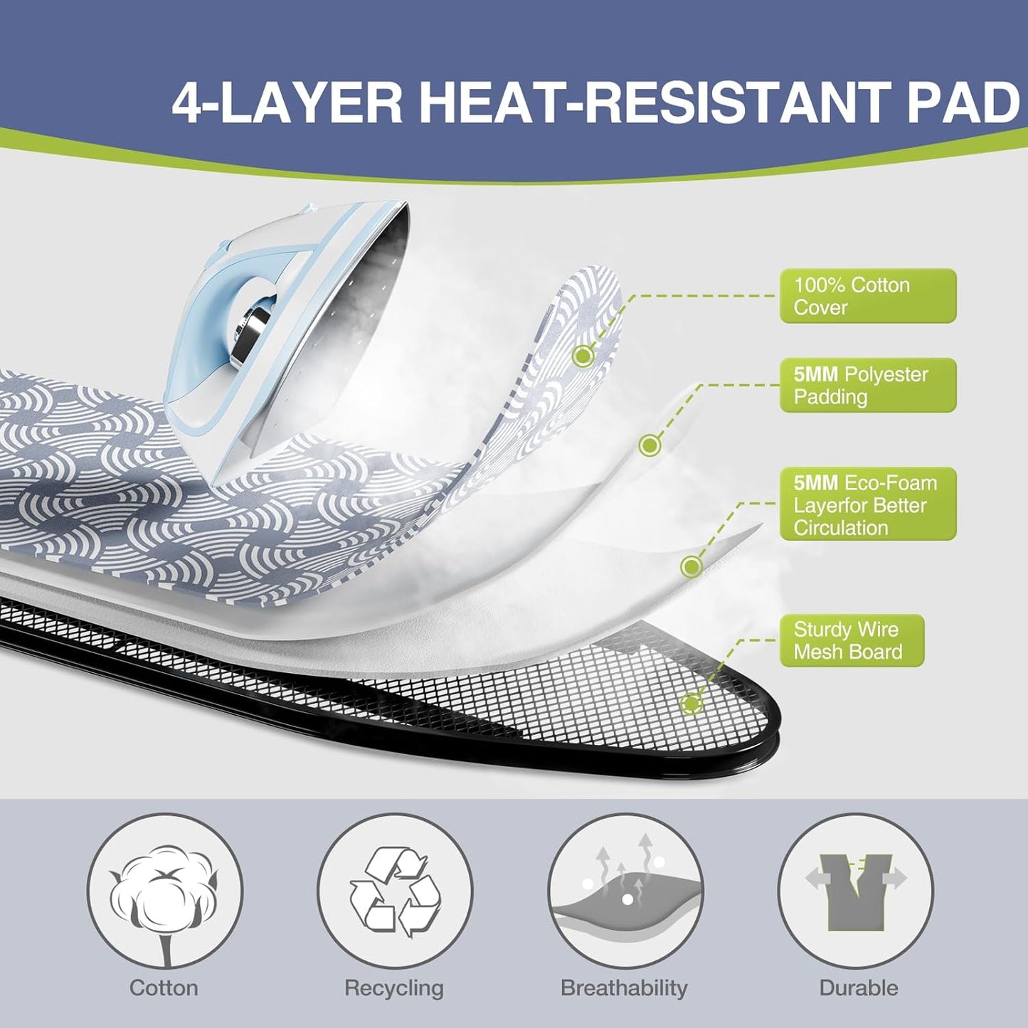 APEXCHASER Ironing Board, Full Szie Iron Board with Iron Rest,Height Adjustable,Extra Thick Heat Resistant Cover with Sleeve Board 15x45 Blue