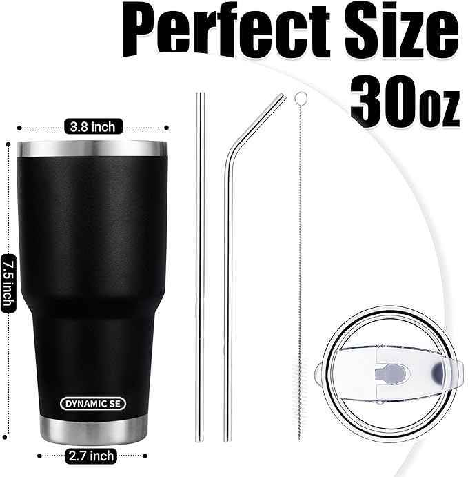 D·S 30 oz Black Tumbler Stainless Steel Double Wall Vacuum Insulated Mug with Straw and Lid, Cleaning Brush for Cold and Hot Beverages