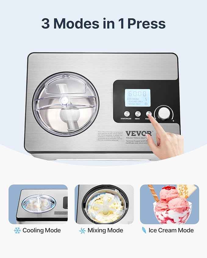 VEVOR Automatic Ice Cream Maker with Built-in Compressor, 2 Quart No Pre-freezing Fruit Yogurt Machine, Stainless Steel Electric Sorbet Maker, 3 Modes Gelato Maker with LCD Display & Timer, Silver