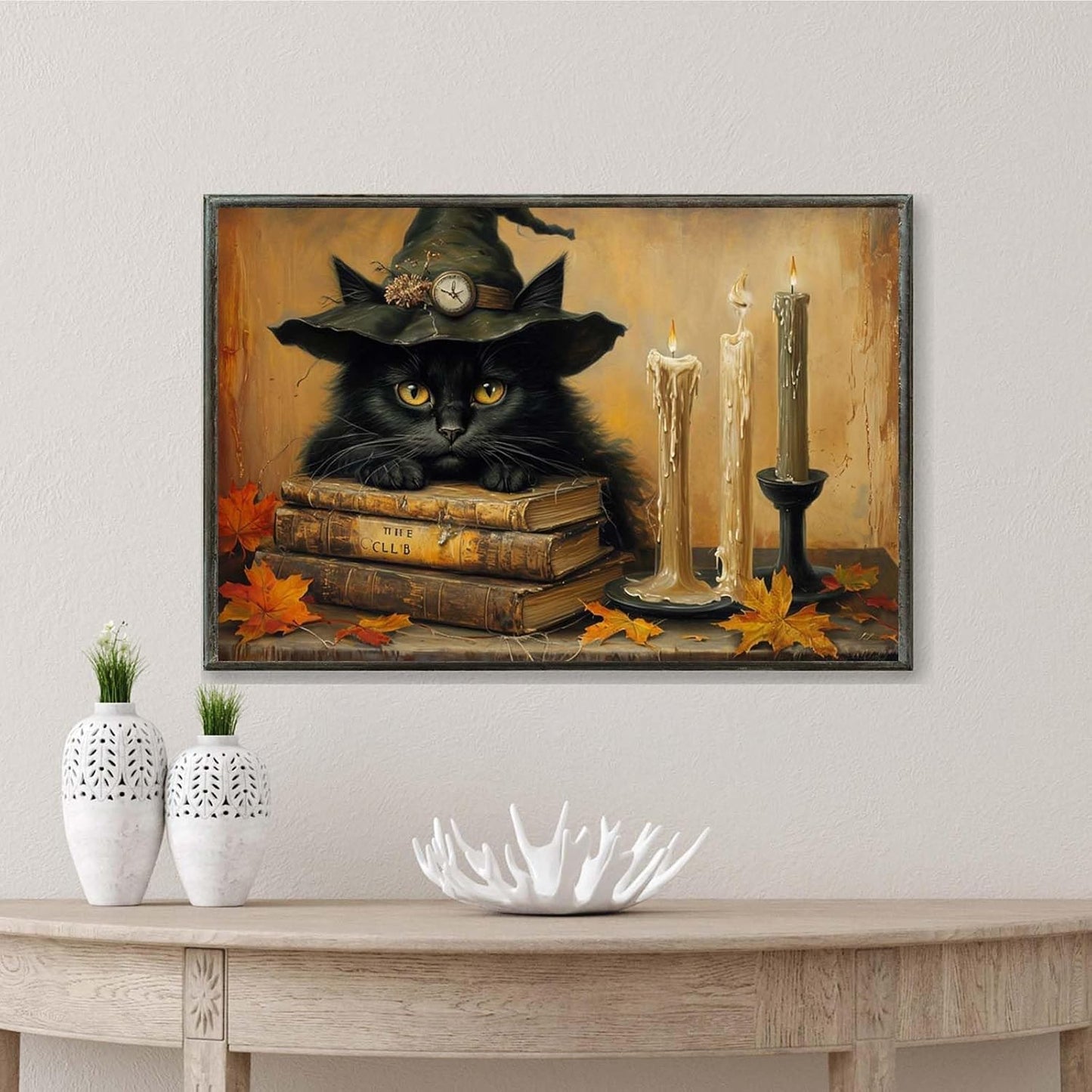 JFHCQJPK Vintage Halloween wall decoration black cat and magic book suitable for home bedroom living room decoration dark classic art witch wall decoration16x24in Metal blackFramed