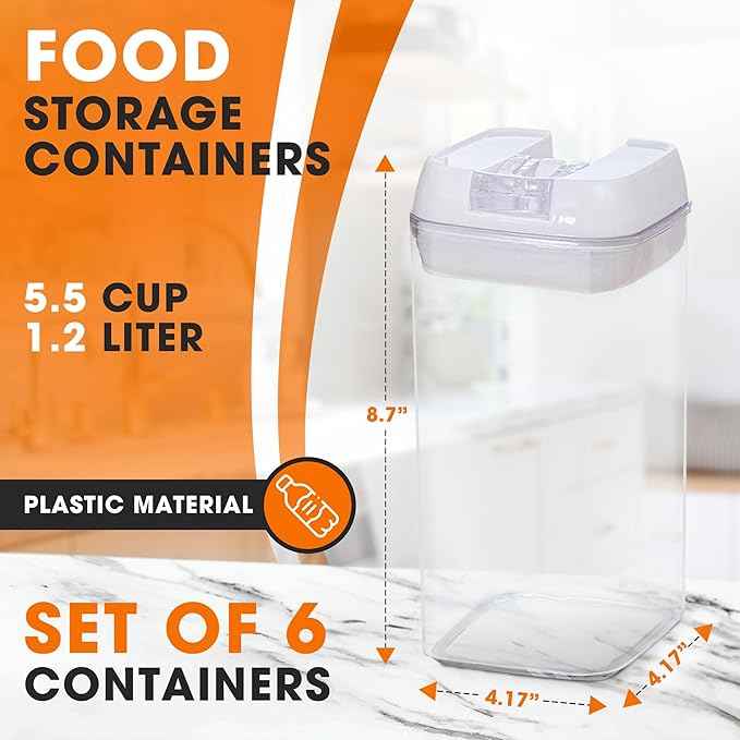 Cheer Collection Airtight Food Storage Containers, Kitchen Storage Containers for Pantry, Set of 6 Food Containers with Lids Airtight, Pantry Storage Containers & Organizers with Lids, 12L, White