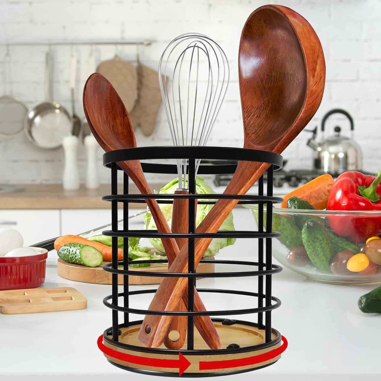 Black Kitchen Utensil Holder for Countertop, 360° Rotating Cooking Utensils Holder Caddy for Kitchen Counter-top, 5.2" x 6" Large Cylinder Spatula Holder Crock for Farmhouse Décor