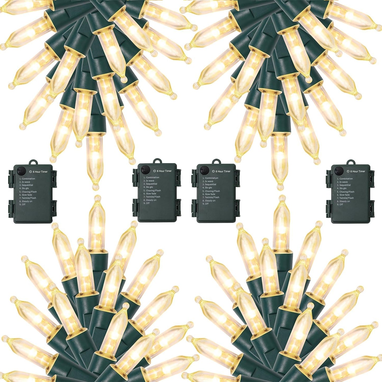 WATERGLIDE 4 Pack 50LED Outdoor Christmas Lights, 16FT Battery Operated Mini String Lights with 8 Modes & Timer, Xmas Tree Lights Waterproof for Patio Garden Party Wedding Holiday Decor, Warm White