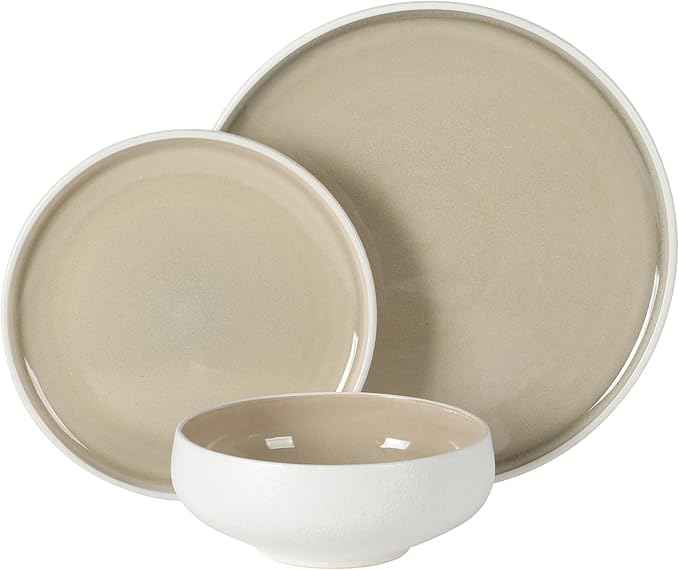 Gibson Elite Pacifco Beach Plates and Bowls Sets, 12-Piece Stoneware Dinnerware Sets, Reactive Glaze Dish Set - Taupe