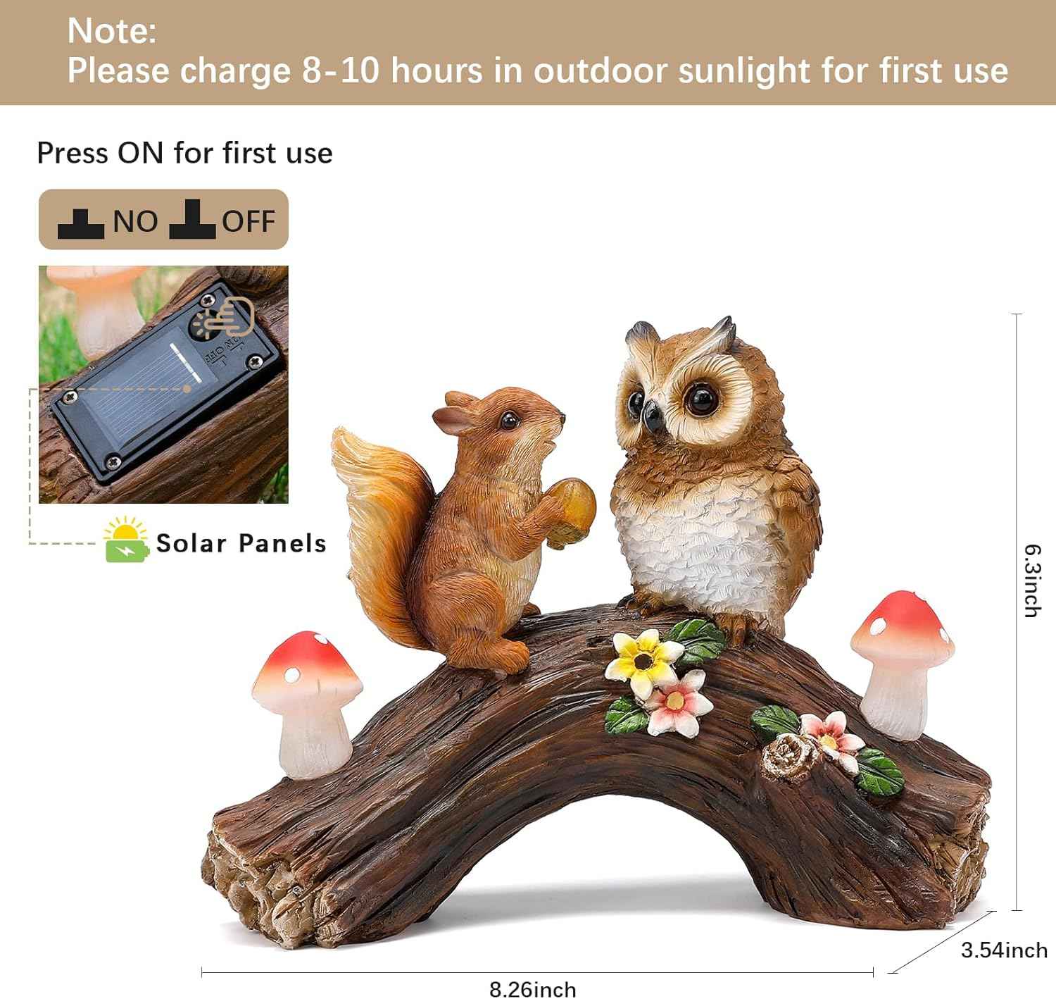 Solar Owl Garden Statues Outdoor Decor Resin Owl Squirrel Figurine with Mushroom Lights for Patio Lawn Yard Decorations Christmas Birthday Housewarming Gardening Gifts for Women Mom