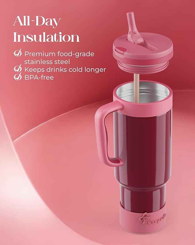 40 oz Insulated Tumbler with Handle and Push-Button Straw Lid, Stainless Steel Travel Cup for Gym Office, Leakproof, BPA-Free, Cup Holder Friendly, Bow Silicone Boot, Red (Wine Burgundy)