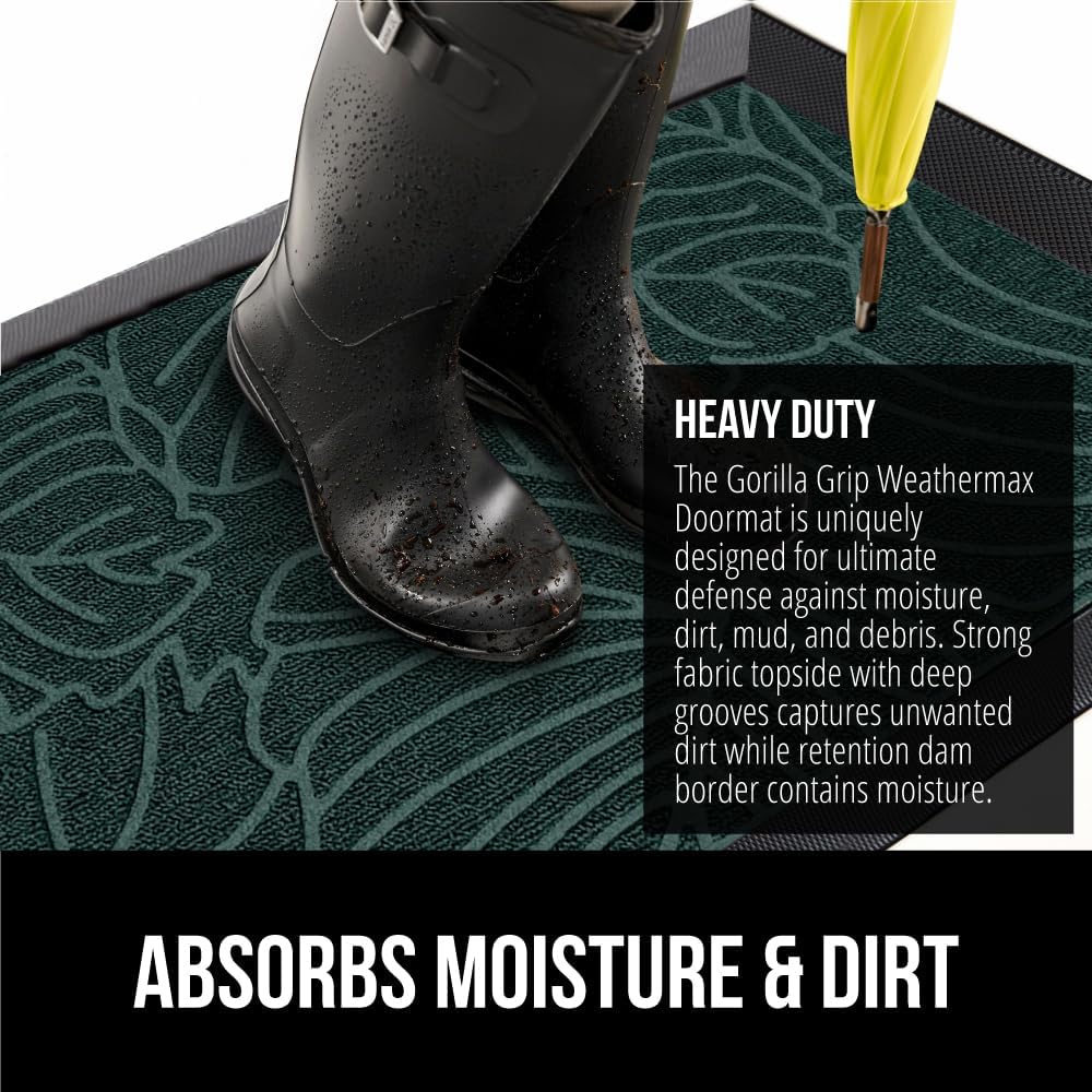 GORILLA GRIP 100% Waterproof All-Season WeatherMax Doormat, 72x24, US Designed Natural Rubber, Stain and Fade Resistant, Low Profile Indoor Outdoor Door Mats, Easy Clean Patio Mat, Green Palm