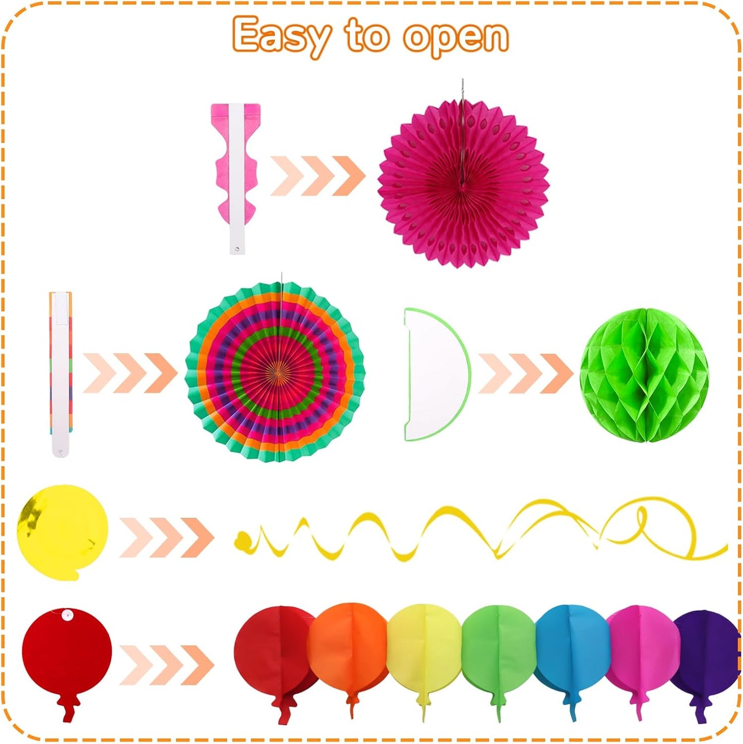 Fiesta Party Decorations - Easy to Assemble Multicolored Paper Fan Honeycomb Ball Garland Hanging Swirl for Mexican Party Cinco De Mayo Taco Themed Party Decorations Birthday Rainbow Parties