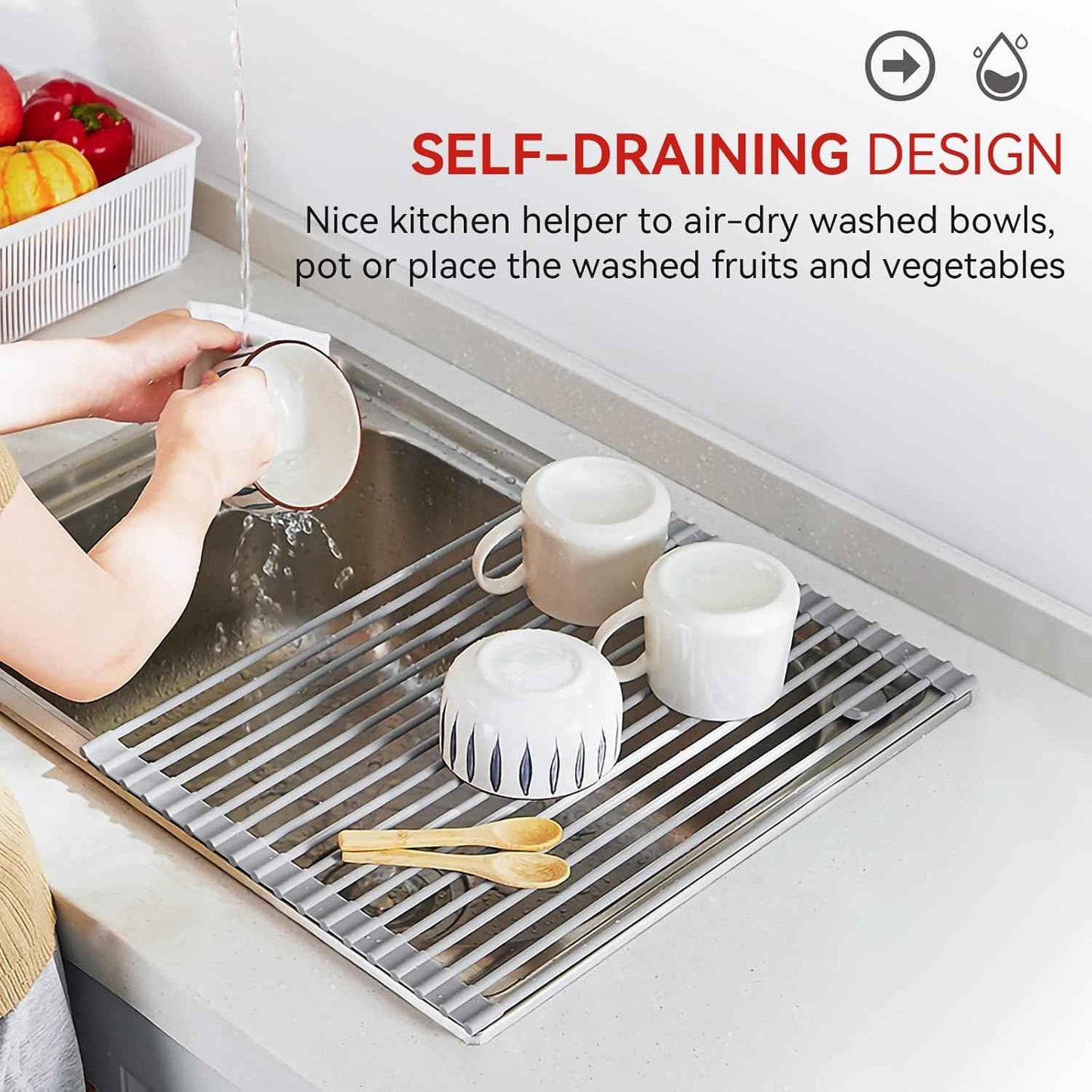 MERRYBOX Roll Up Dish Drying Rack, Over The Sink Dish Rack Foldable, Heat-Resistant, Anti-Slip Silicone Coated Steel Dish Drainer for Kitchen Sink, Multipurpose Roll Up Sink Drying Rack, 17.5" x 13"