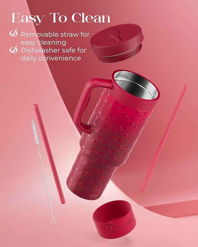 40 oz Insulated Tumbler with Handle and Push-Button Straw Lid, Stainless Steel Travel Cup for Gym Office, Leakproof, BPA-Free, Cup Holder Friendly, Bow Silicone Boot, Red (Coquette Cherry)